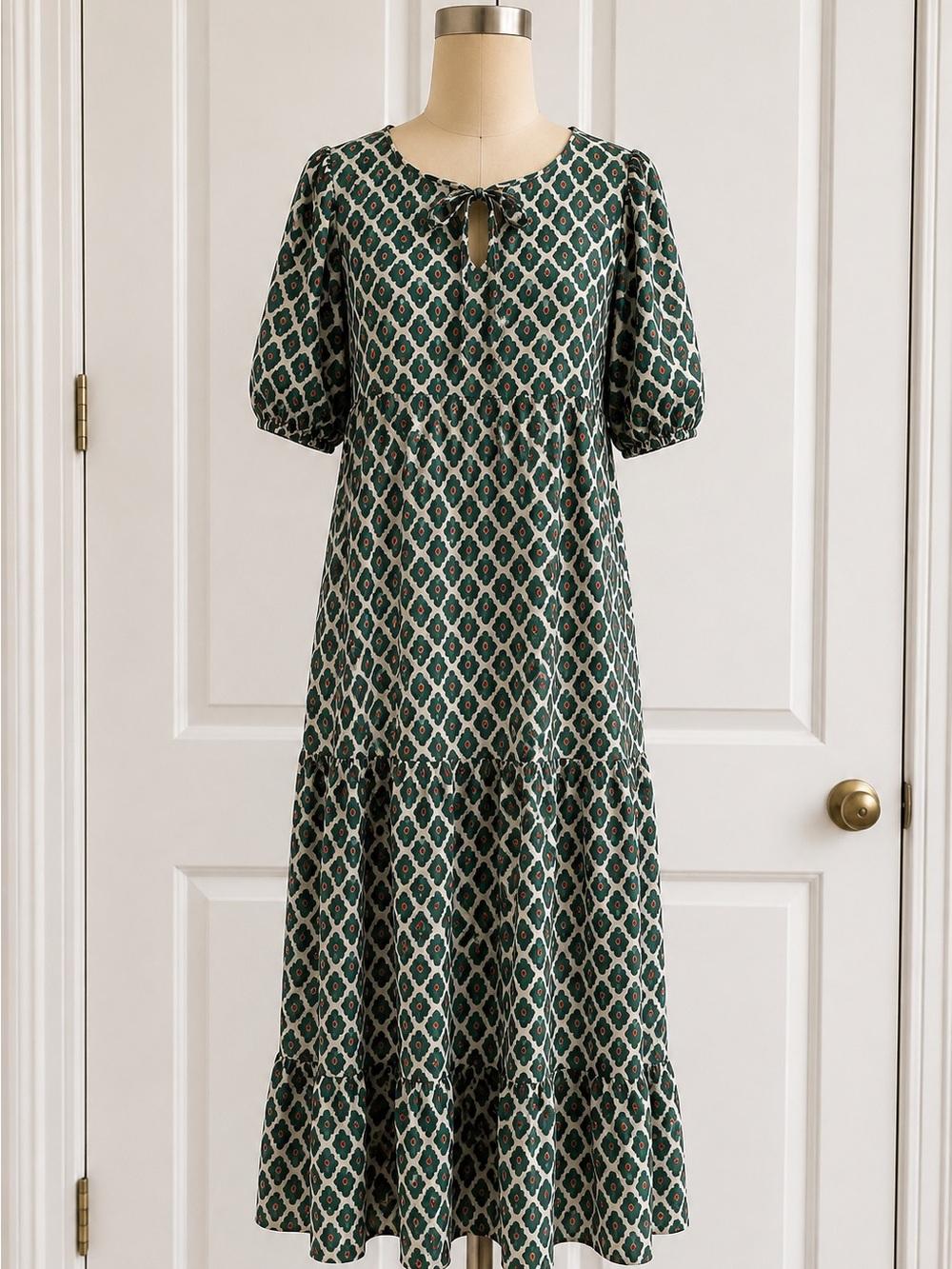 Cider Emerald Geometric Tie-Neck Maxi Dress - Picture 1 of 5